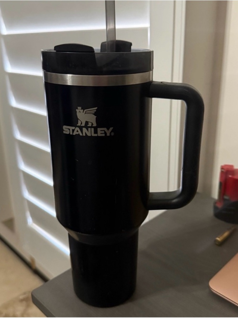Stanley Black Travel Mug with Silver Trim and Handle
